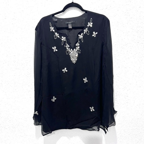 SilkLand Black 100% silk Embellished sheet Long Sleeve Blouse 2X - Picture 1 of 8
